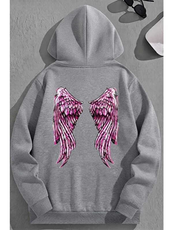 Trendseninle Unisex 3 İplik Pamuklu Gri PairOfWing Baskı Bol Kalıp Sweatshirt Hoodie