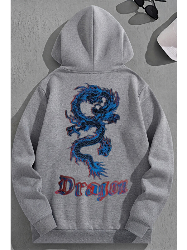 Trendseninle Unisex 3 İplik Pamuklu Gri MaviDragon Baskı Bol Kalıp Sweatshirt Hoodie