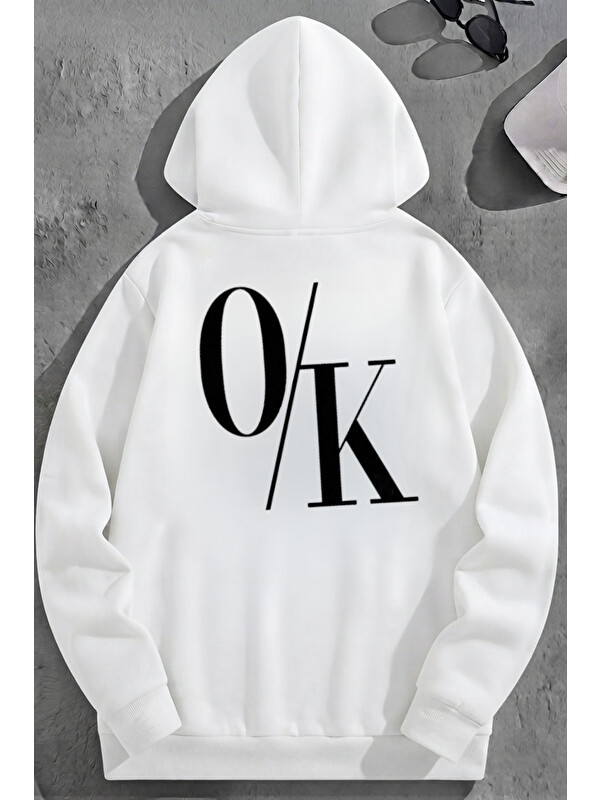 Trendseninle Unisex 3 İplik Pamuklu Beyaz O/K Baskı Bol Kalıp Sweatshirt Hoodie