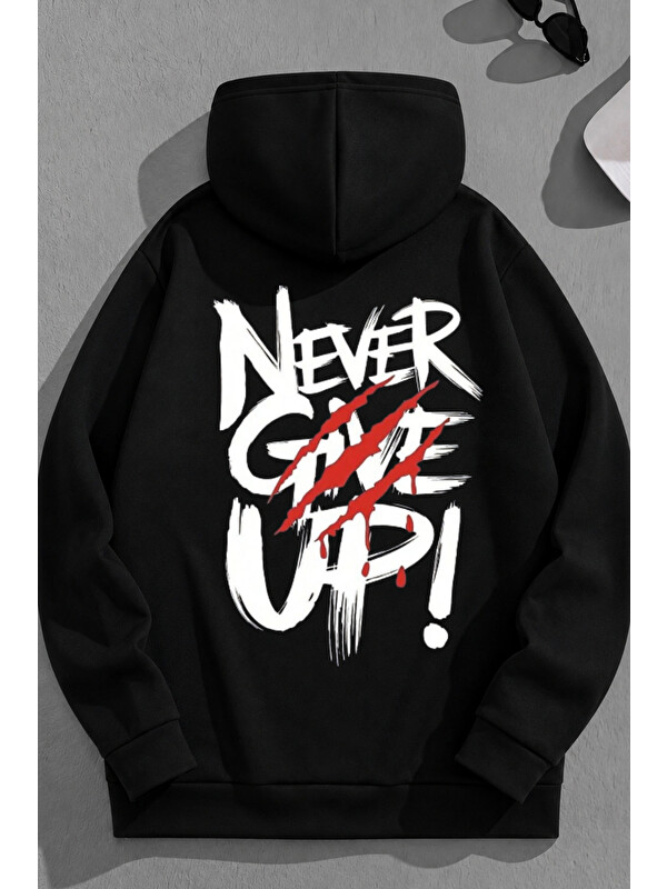 Trendseninle Unisex 3 İplik Pamuklu Siyah NeverGiveUp Baskı Bol Kalıp Sweatshirt Hoodie