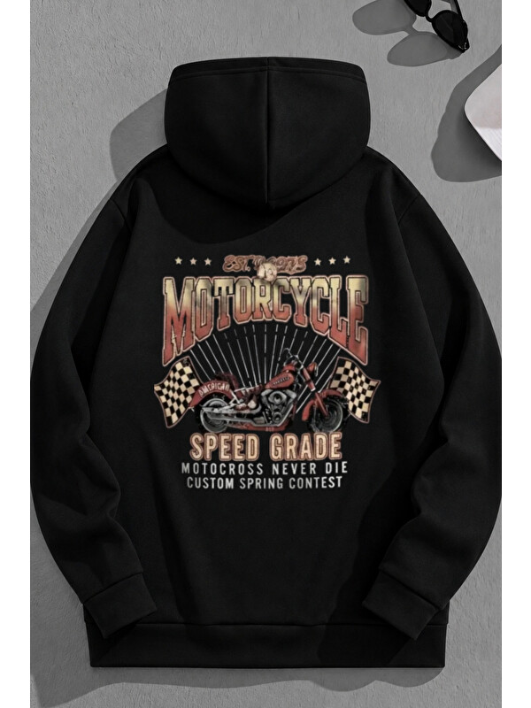Trendseninle Unisex 3 İplik Pamuklu Siyah MotorcycleSG Baskı Bol Kalıp Sweatshirt Hoodie