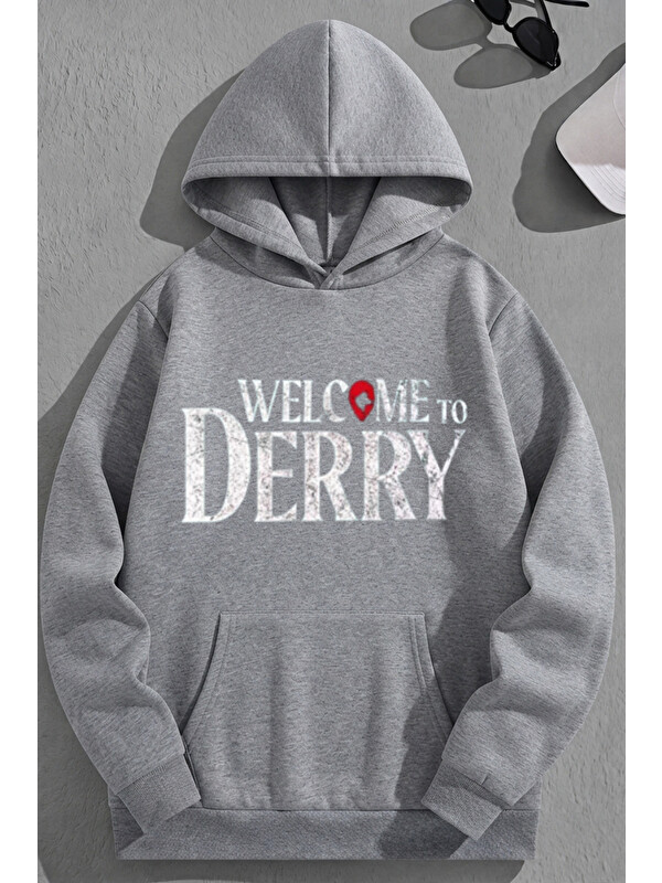 Trendseninle Unisex 3 İplik Pamuklu Gri WelcomeToDerry Baskı Bol Kalıp Sweatshirt Hoodie