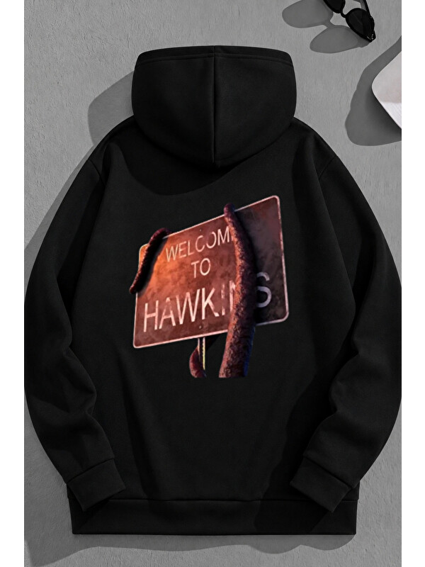 Trendseninle Unisex 3 İplik Pamuklu Siyah WelcomeToHawkins Baskı Bol Kalıp Sweatshirt Hoodie
