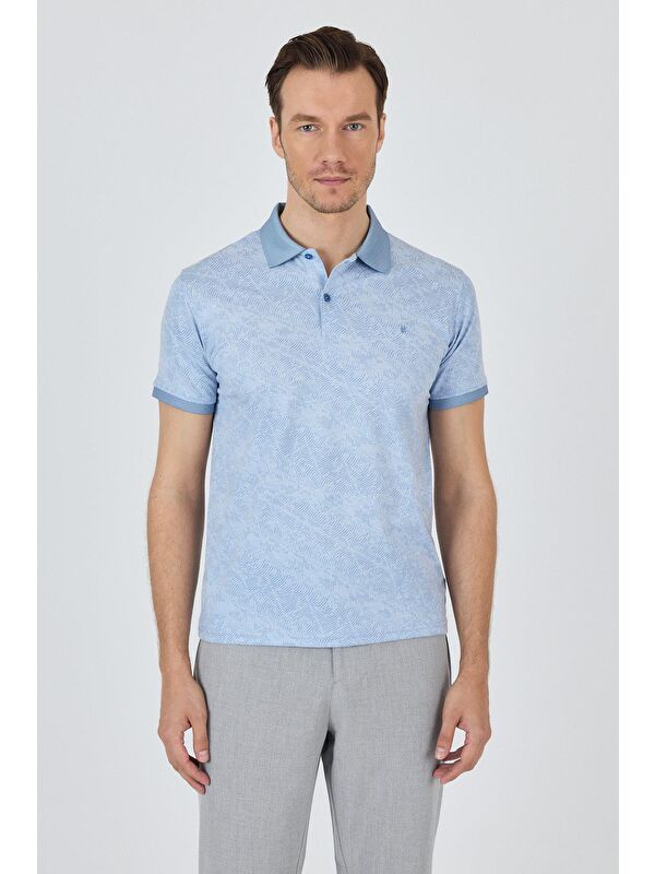 İMZA Koyu Mavi Kısa Kol Baskılı Pike Polo Yaka Cepsiz Esnek Casual Slim Fit Tişört 1011250152