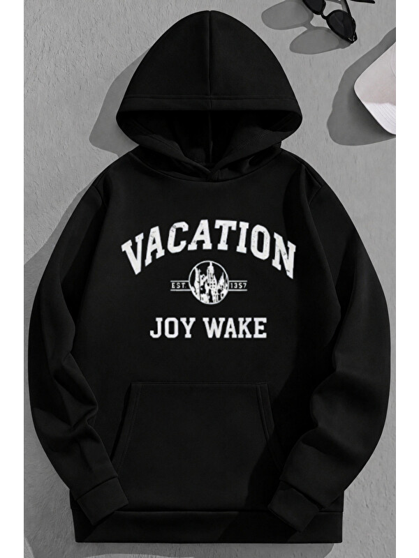 Trendseninle Unisex 3 İplik Pamuklu Siyah Vacation Baskı Bol Kalıp Sweatshirt Hoodie