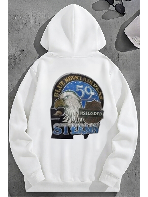 Trendseninle Unisex 3 İplik Pamuklu Beyaz Stermn Baskı Bol Kalıp Sweatshirt Hoodie