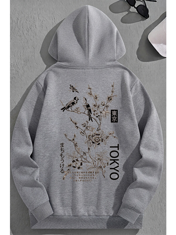 Trendseninle Unisex 3 İplik Pamuklu Gri TokyoBird Baskı Bol Kalıp Sweatshirt Hoodie