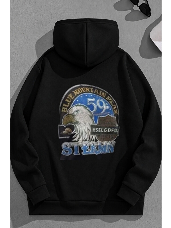 Trendseninle Unisex 3 İplik Pamuklu Siyah Stermn Baskı Bol Kalıp Sweatshirt Hoodie