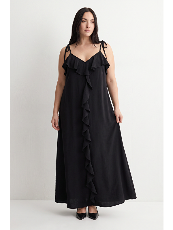 Mylinemoda Volan Detaylı Askılı Uzun Elbise