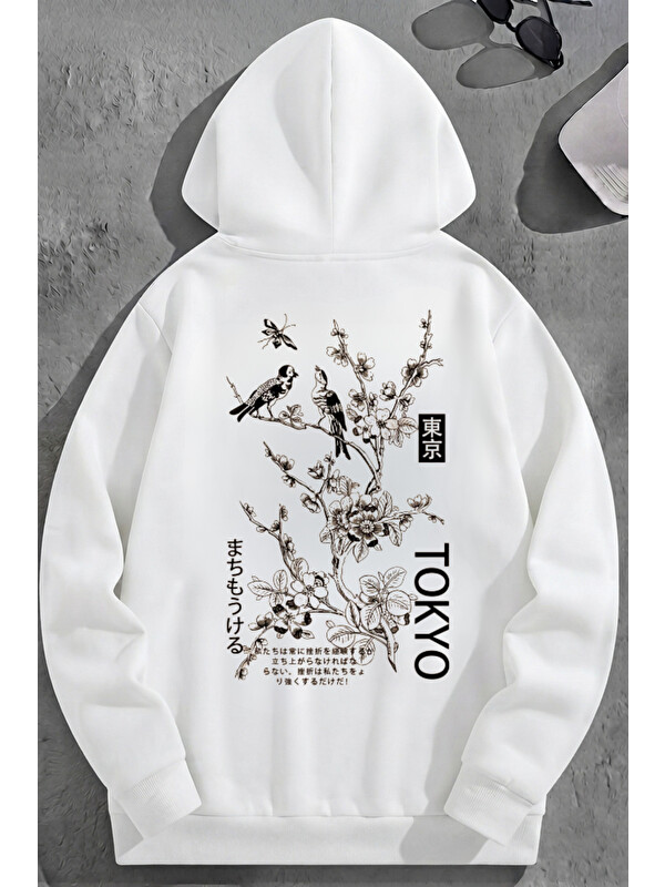 Trendseninle Unisex 3 İplik Pamuklu Beyaz TokyoBird Baskı Bol Kalıp Sweatshirt Hoodie