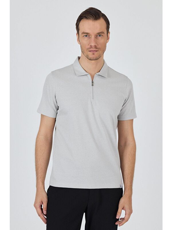 İMZA Gri Kısa Kol Düz Suprem Polo Yaka Cepsiz Pamuklu Casual Slim Fit Tişört 1011250164_100