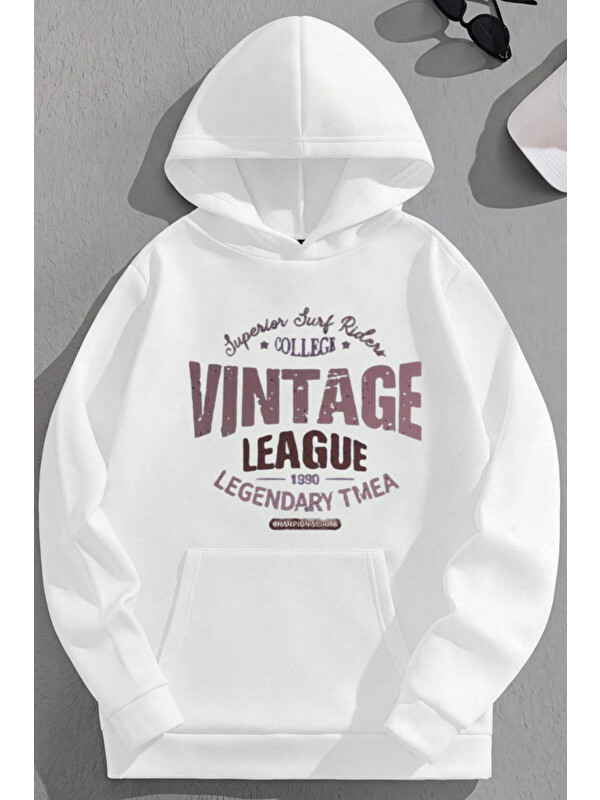 Trendseninle Unisex 3 İplik Pamuklu Beyaz VintageLeage Baskı Bol Kalıp Sweatshirt Hoodie