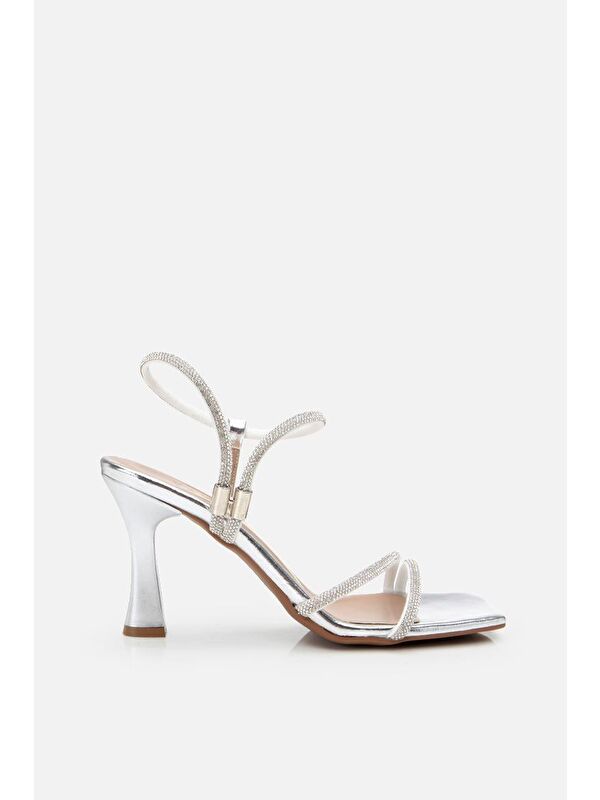 Kadın Lame Taşlı Topuklu Sandalet - Görsel 4