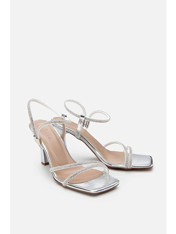 Kadın Lame Taşlı Topuklu Sandalet - Görsel 5