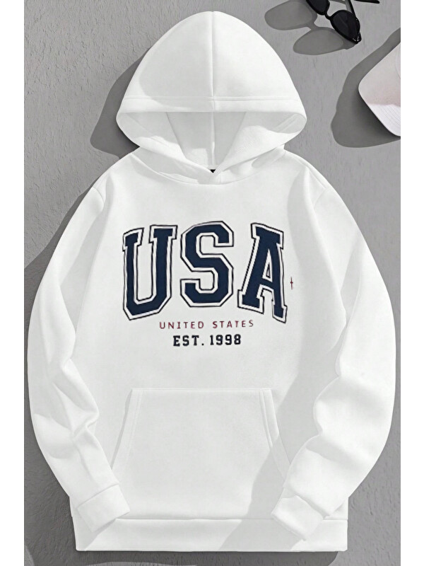 Trendseninle Unisex 3 İplik Pamuklu Beyaz USA1998 Baskı Bol Kalıp Sweatshirt Hoodie