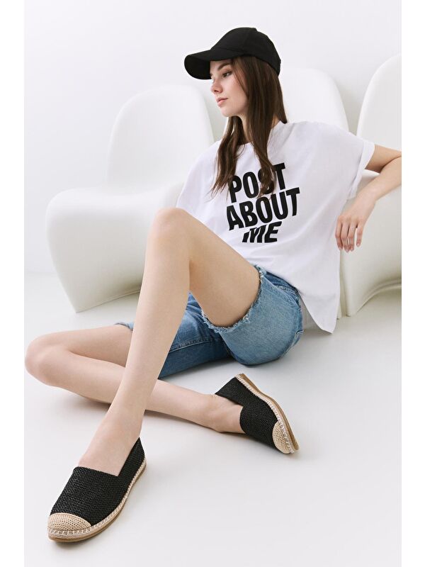 Kadın Siyah Çizgili Hasır Detaylı Espadril - Görsel 4