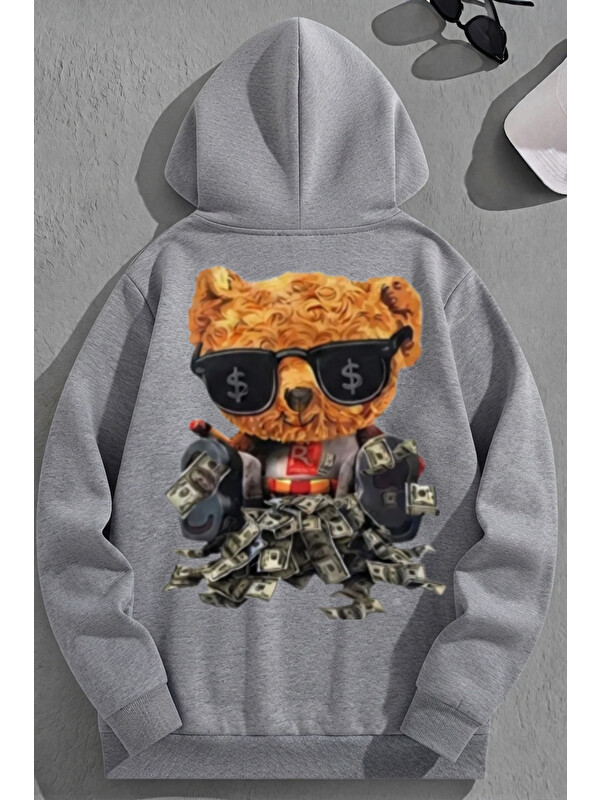 Trendseninle Unisex 3 İplik Pamuklu Gri RichBear Baskı Bol Kalıp Sweatshirt Hoodie
