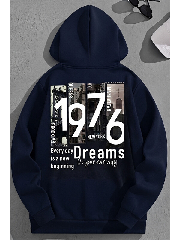 Trendseninle Unisex 3 İplik Pamuklu Lacivert Urban1976 Baskı Bol Kalıp Sweatshirt Hoodie