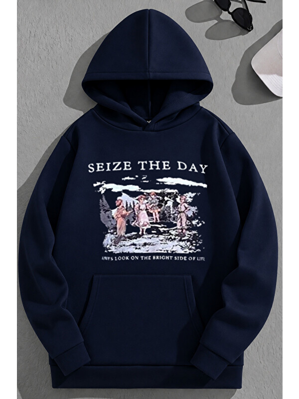 Trendseninle Unisex 3 İplik Pamuklu Lacivert SeizeTheDay Baskı Bol Kalıp Sweatshirt Hoodie