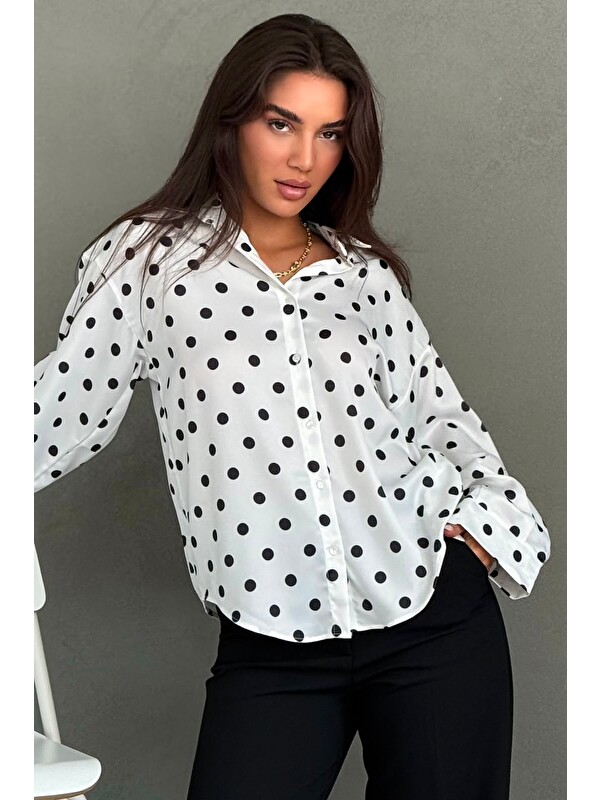 Madmext Beyaz Puantiyeli Saten Kadın Gömlek Mg2869