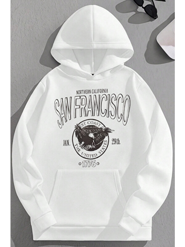 Trendseninle Unisex 3 İplik Pamuklu Beyaz SanFrancisco Baskı Bol Kalıp Sweatshirt Hoodie