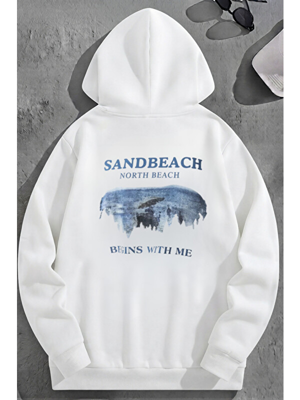 Trendseninle Unisex 3 İplik Pamuklu Beyaz SandBeach Baskı Bol Kalıp Sweatshirt Hoodie