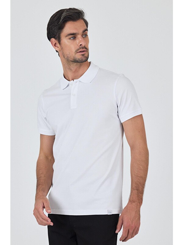 İMZA Beyaz Kısa Kol Düz Pike Polo Yaka Cepsiz Pamuk Casual Slim Fit Tişört 1011250157_600