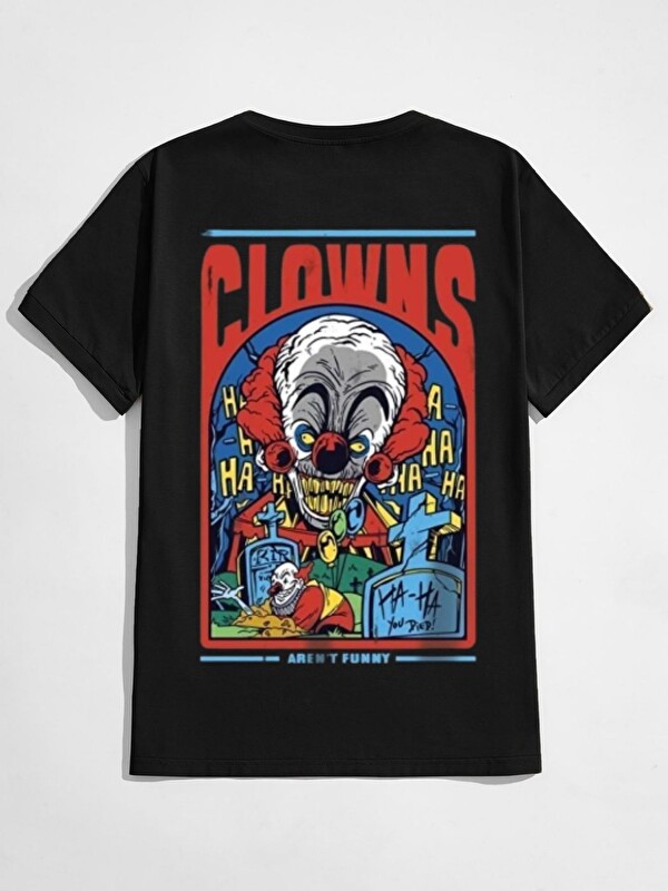 Trendseninle Siyah Clowns Baskı Detay Organik Pamuk Örme Oversize Tişört