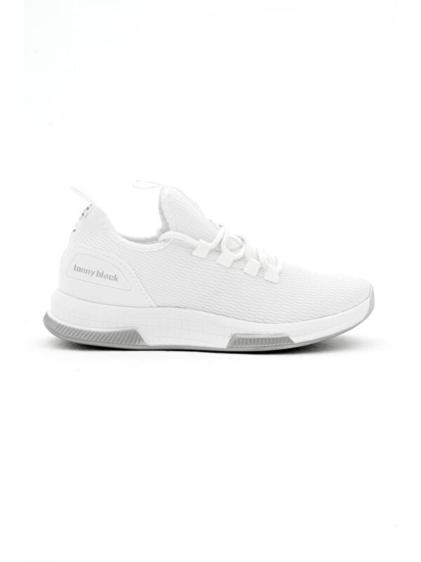 Unisex Beyaz Nefes Alabilen Kumaş Poli Taban Bağcıklı Spor Ayakkabı - Görsel 4