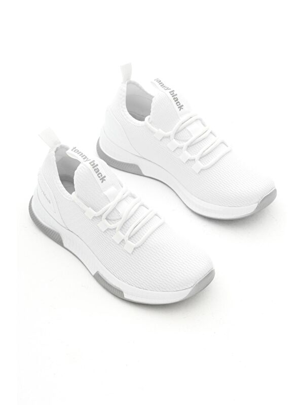 Unisex Beyaz Nefes Alabilen Kumaş Poli Taban Bağcıklı Spor Ayakkabı - Görsel 5