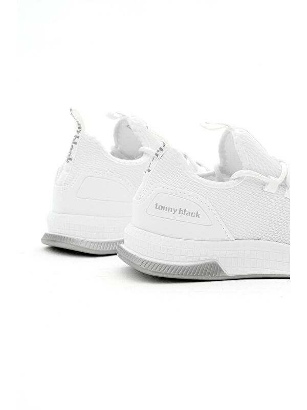 Unisex Beyaz Nefes Alabilen Kumaş Poli Taban Bağcıklı Spor Ayakkabı - Görsel 6