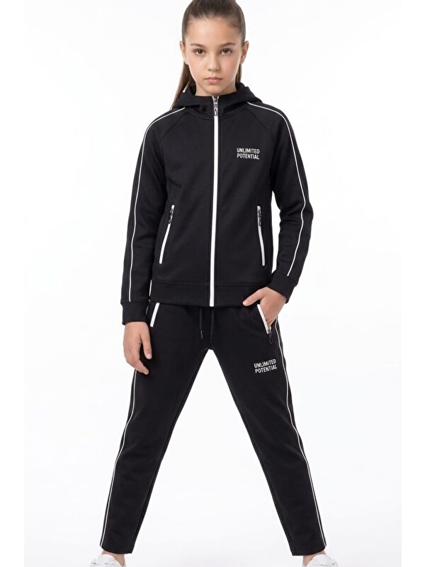 Pina Kids Kız Çocuk Unlimited Şeritli Kapüşonlu Düz Paça Reglan Kol Dalgıç Kumaş Eşofman Takımı ESF7013
