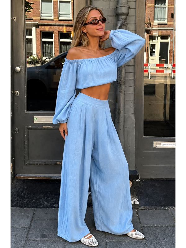 Madmext Bebe Mavisi Madonna Yaka Bluz Bol Paça Pantolon Kadın Takım Mg2863
