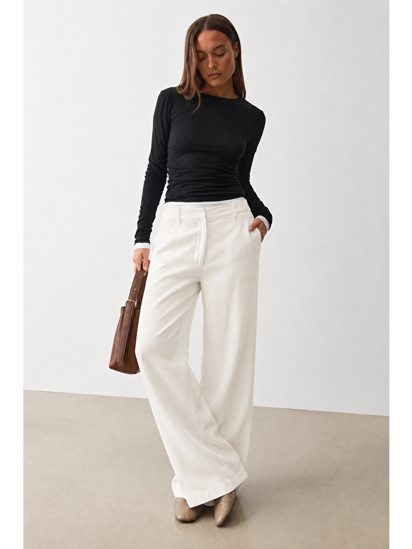 Madmext Beyaz Yüksek Bel Keten Wide Leg Pantolon Mg2718