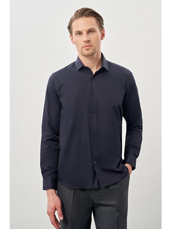 İMZA Koyu Lacivert Uzun Kol Düz Yarım İtalyan Yaka Cepsiz Pamuklu Classic Slim Fit Gömlek 1004245268