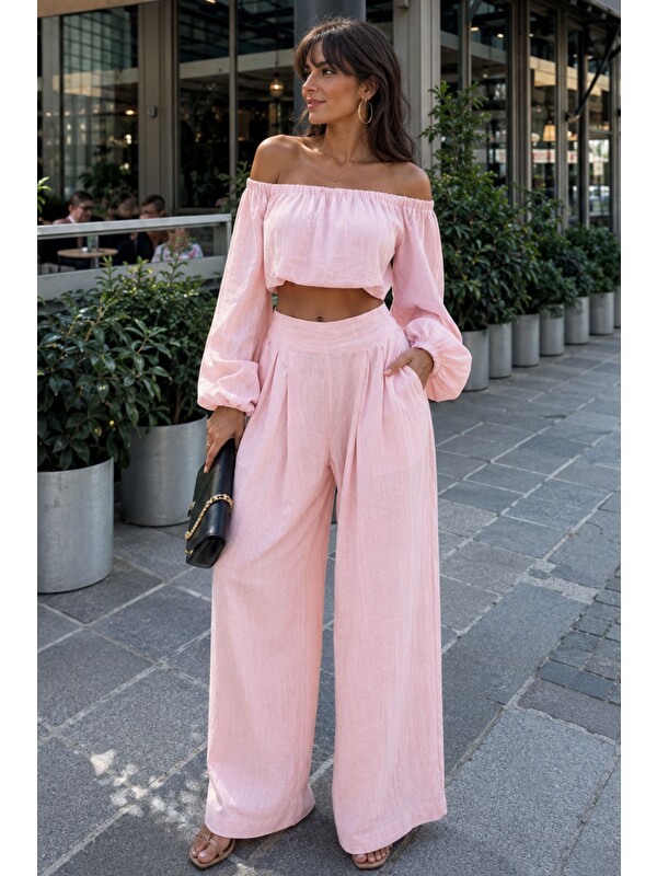 Madmext Pembe Madonna Yaka Bluz Bol Paça Pantolon Kadın Takım Mg2863