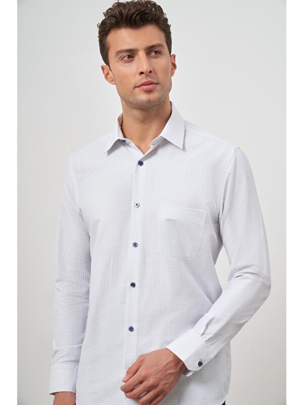 İMZA Beyaz Uzun Kol Kareli Desen Bez Ayağı Sert Yaka Cepli Pamuklu Classic Comfort Fit Gömlek 1004245158