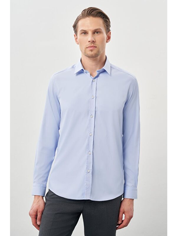 İMZA Mavi Uzun Kol Düz Bez Ayağı Sert Yaka Cepsiz Esnek Classic Slim Fit Gömlek 1004245223_301