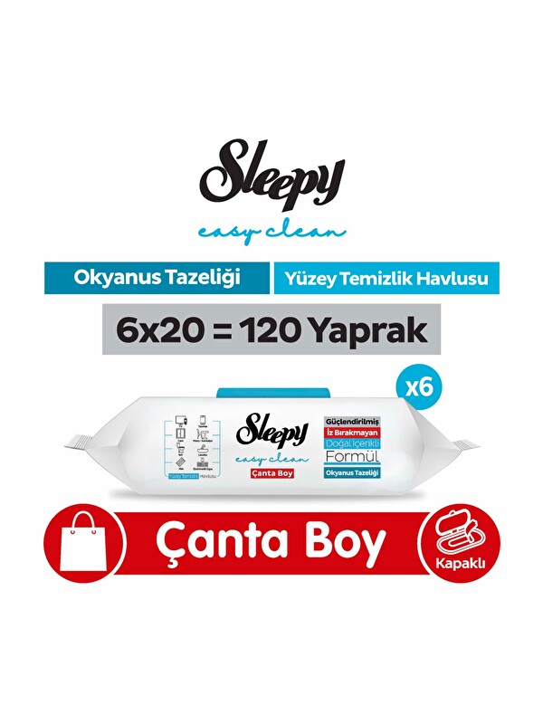 Sleepy Easy Clean Okyanus Tazeliği Yüzey Temizlik Havlusu Çanta Boy 6x20 (120 Yaprak)