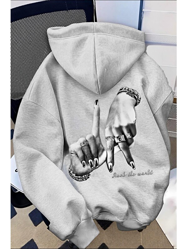 Oksit Unisex Oversize LA Sırt Baskılı "Rock The World" Kapüşonlu Sweatshirt Hoodie