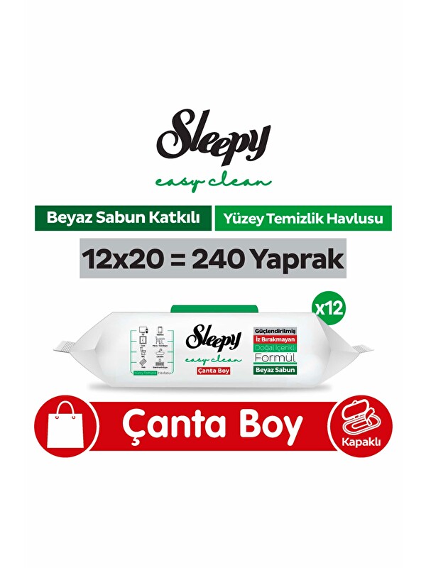 Sleepy Easy Clean Beyaz Sabun Katkılı Yüzey Temizlik Havlusu Çanta Boy 12x20 (240 Yaprak)