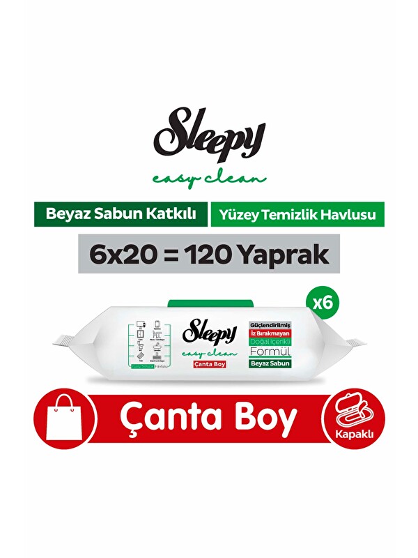 Sleepy Easy Clean Beyaz Sabun Katkılı Yüzey Temizlik Havlusu Çanta Boy  6x20 (120 Yaprak)