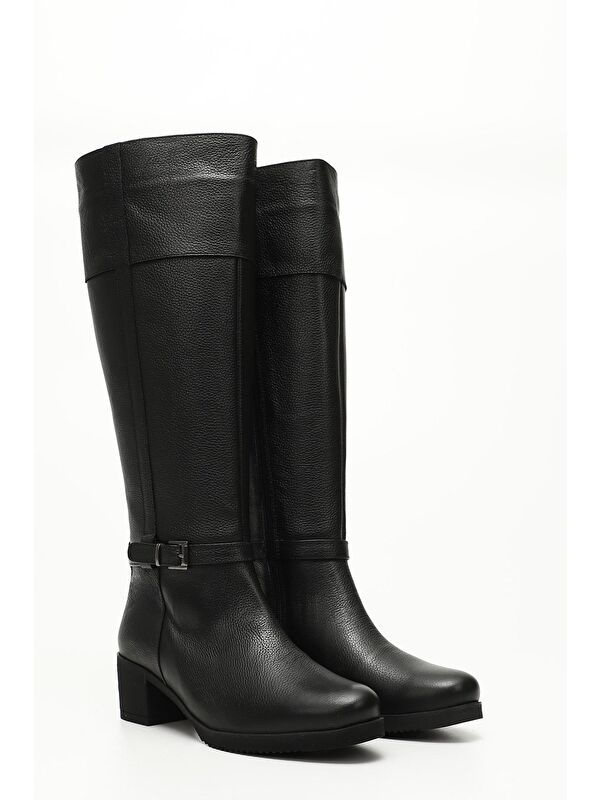 KOYU SİYAH Hakiki Deri Yuvarlak Burun Kauçuk Taban Topuklu Fermuarlı Tokalı Kadın Çizme 44564 - Görsel 4