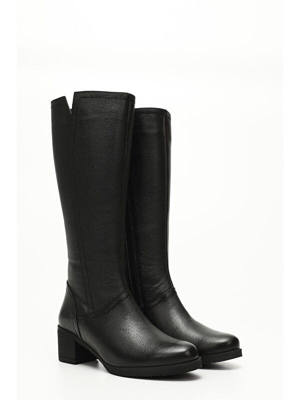 KOYU SİYAH Hakiki Deri Yuvarlak Burun Kauçuk Taban Topuklu Fermuarlı Kadın Günlük Çizme 46529 - Görsel 4