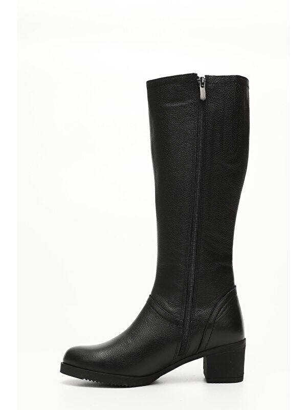 KOYU SİYAH Hakiki Deri Yuvarlak Burun Kauçuk Taban Topuklu Fermuarlı Kadın Günlük Çizme 46529 - Görsel 5