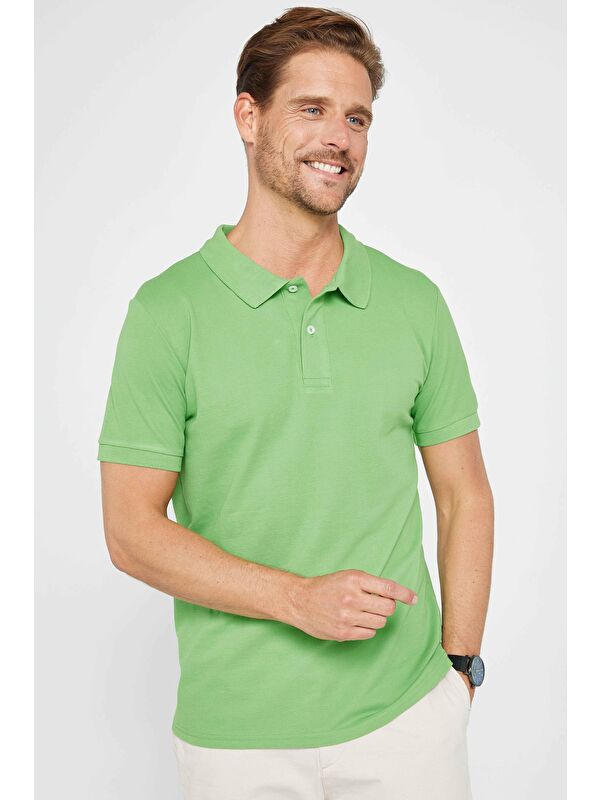 TUDORS Erkek Slim Fit Dar Kesim %100 Pamuk Düz Pike Yeşil Polo Yaka Tişört