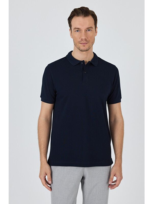 İMZA Koyu Lacivert Polo Yaka Kısa Kol Cepsiz Slim Fit Classic Pamuklu Tişört 1011250177
