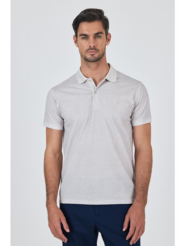 İMZA Açık Bej Kısa Kol Baskılı Pike Polo Yaka Cepsiz Esnek Casual Slim Fit Tişört 1011250153