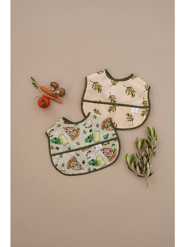 Oh La La Koala For Little Ones Zeytin ve Pizza Temalı 2li Sıvı Geçirmez Mama Önlüğü 6-36 AY