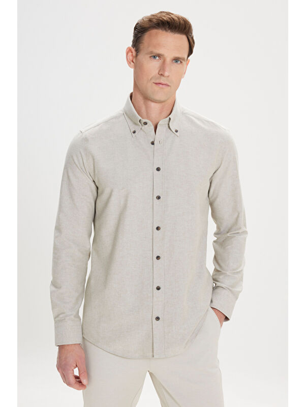 AC&Co / Altınyıldız Classics Erkek Haki Slim Fit Dar Kesim Düğmeli Yaka Pamuklu Oxford Gömlek
